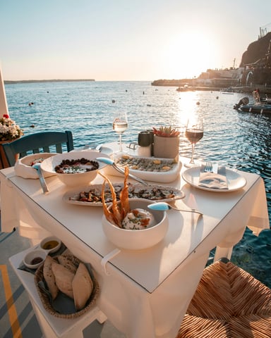 Waterfront dining table with seafood at sunset