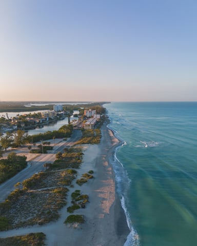 Aerial view of 30A coastal town at sunset