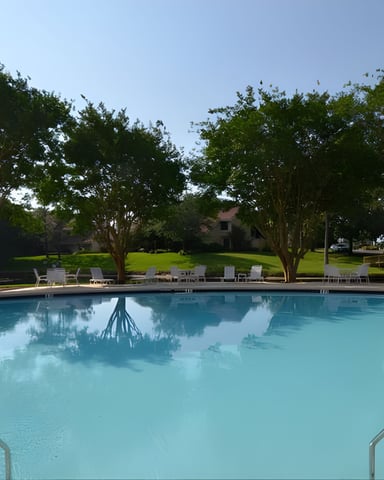 Resort swimming pool with lounge chairs, large shade trees, and residential buildings in background