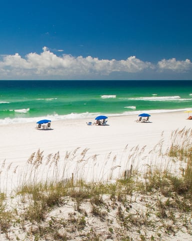 Sandy beach with blue umbrellas and beach chairs, turquoise water with white-capped waves, sea oats in foreground, clear blue sky