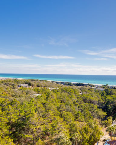 Elevated view of coastal suburb with dense green vegetation, turquoise ocean, and sandy beach under clear blue sky