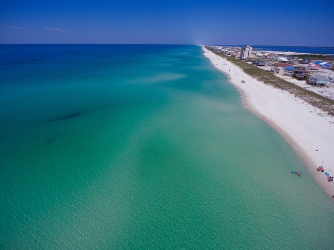 Aerial view of emerald green water along the Emerald Coast