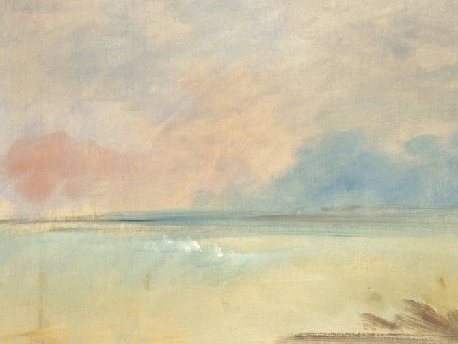Coastal oil painting in soft blues and sandy tones